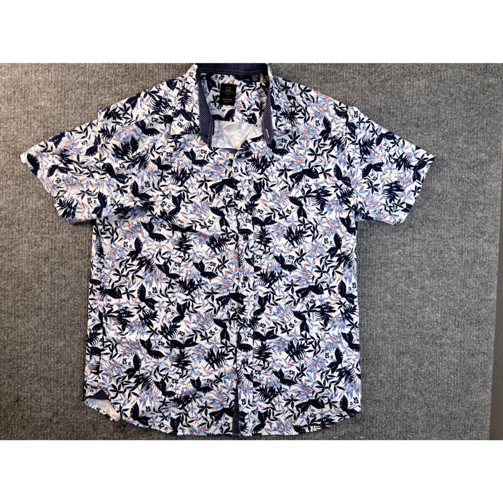 Michael Strahan Mens Large Slim Fit Floral Button Down Shirt Short Sleeve Navy L
